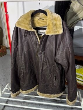 vintage mens aviator leather fur lined brown jacket size 2x